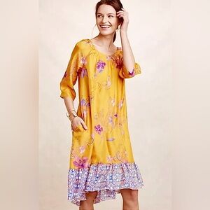 Vanessa Virginia Anthropologie Rainforest Yellow Silk Shift Dress XS Boho Chic